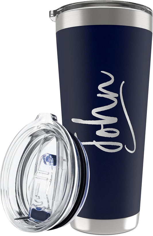 Personalized Tumbler with Engraved Name - 12 Designs, 30 Oz Coffee Tumbler with Slider Lid, Navy Blue, Double Wall Insulated - Custom Gifts for Men & Women