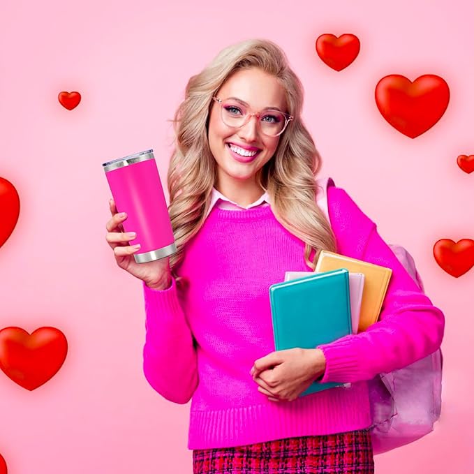 20 oz Tumbler with lid Double Wall Vacuum Insulated Tumblers Stainless Steel Coffee Mug Travel Coffee Tumbler Powder Coated Tumbler Cup Keep Hot&Cold - (Hot Pink 6 Pack)