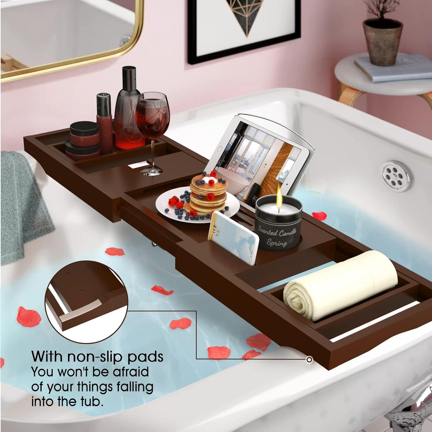 Bathtub Caddy Tray for Tub, Foldable Bamboo Bath Table Tray with Book and Wine Glass Holder, Expandable Bathroom Accessories with Free Soap Dish Suitable for Luxury Spa or Reading, Brown