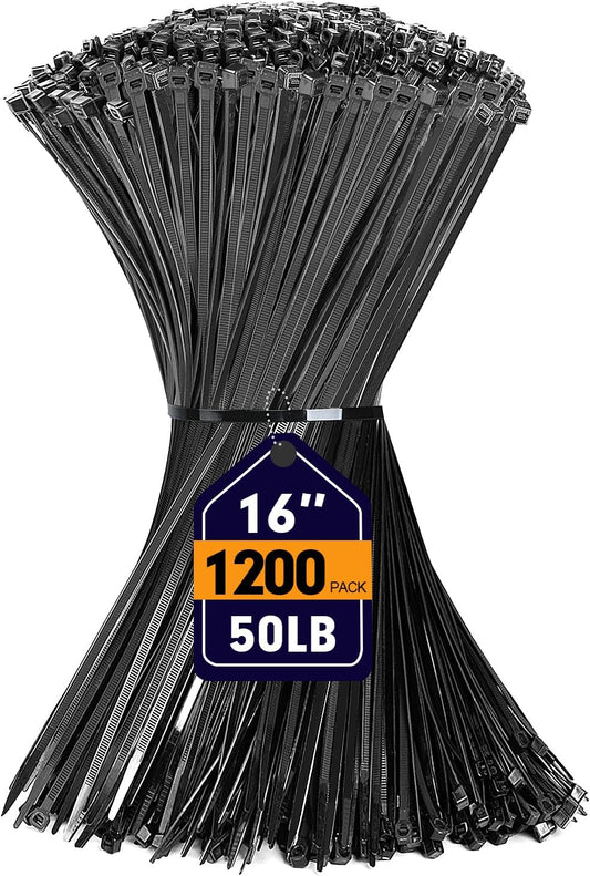 Zip Ties, RAZCC 1200pcs Black Cable Zip Ties 16 Inch, Heavy Duty Plastic Wire Ties with 50lb Tensile Strength, Self-Locking Black Nylon Tie Wraps for Indoor and Outdoor
