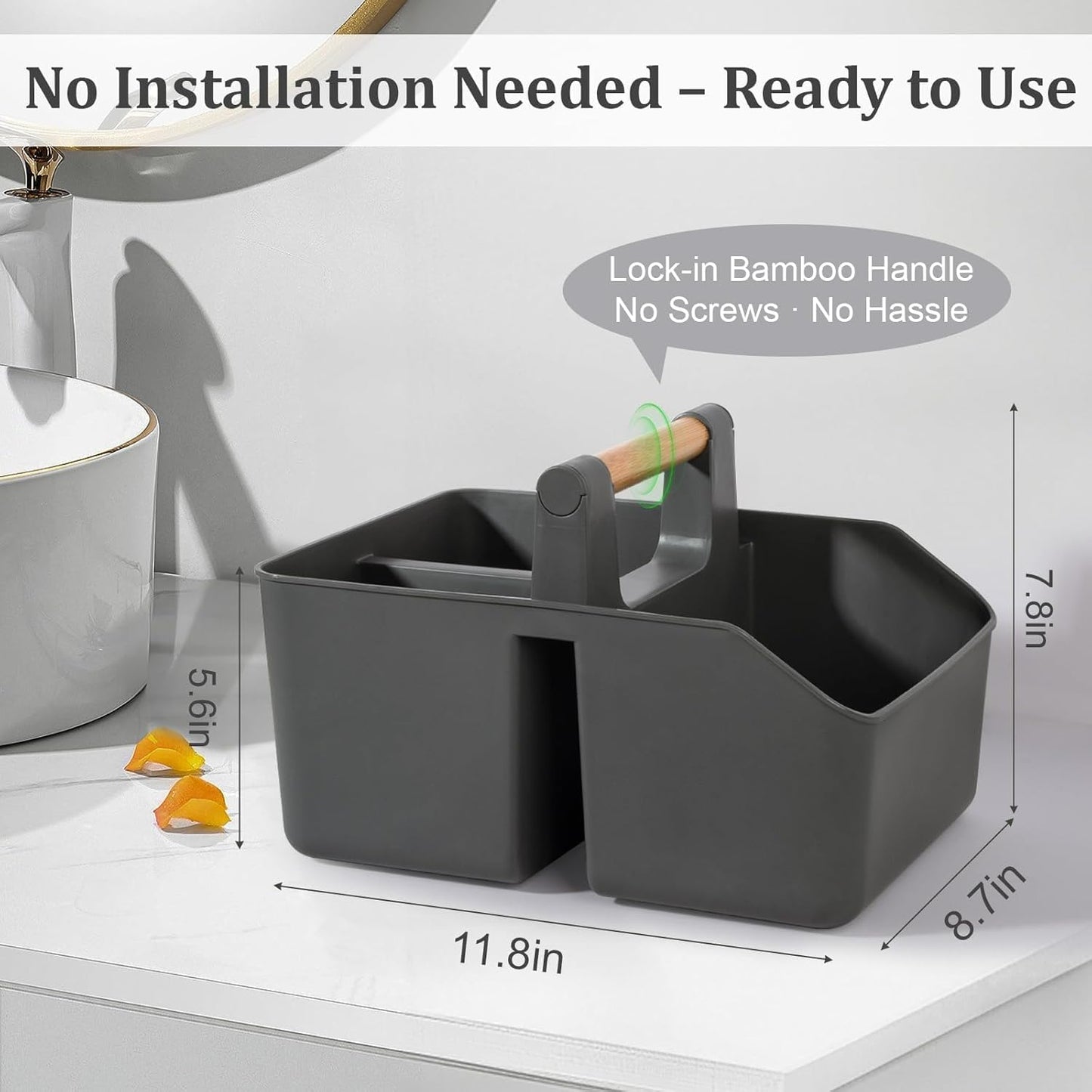 rejomiik Portable Shower Caddy Basket with Bamboo Handle, Plastic Cleaning Caddy Bathroom Organizer Tote for College Dorm Essentials, Bath Toy Storage, Dark Gray