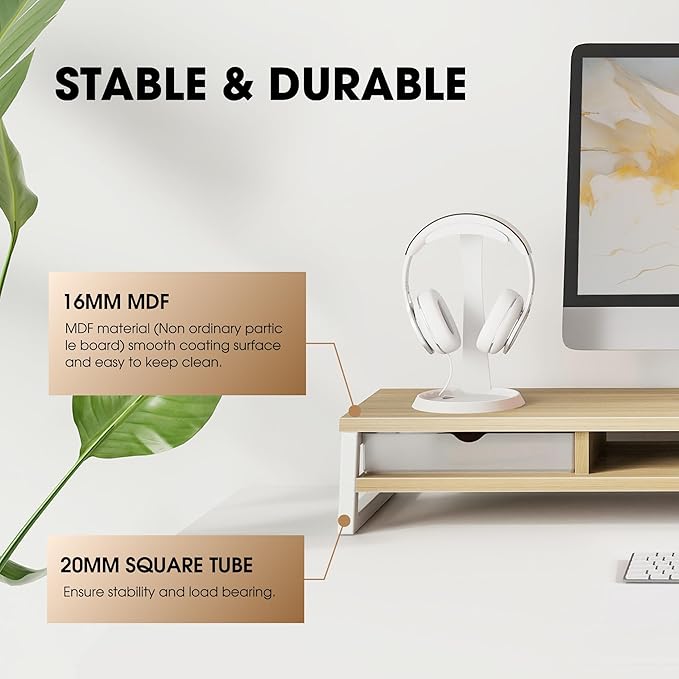 Fenge Dual Monitor Stand, Monitor Riser with Drawer, 42.5 Inch Large Computer Monitor Stand for 2 Monitors, 2 Tier Wooden Desk Shelf for Top of Desk