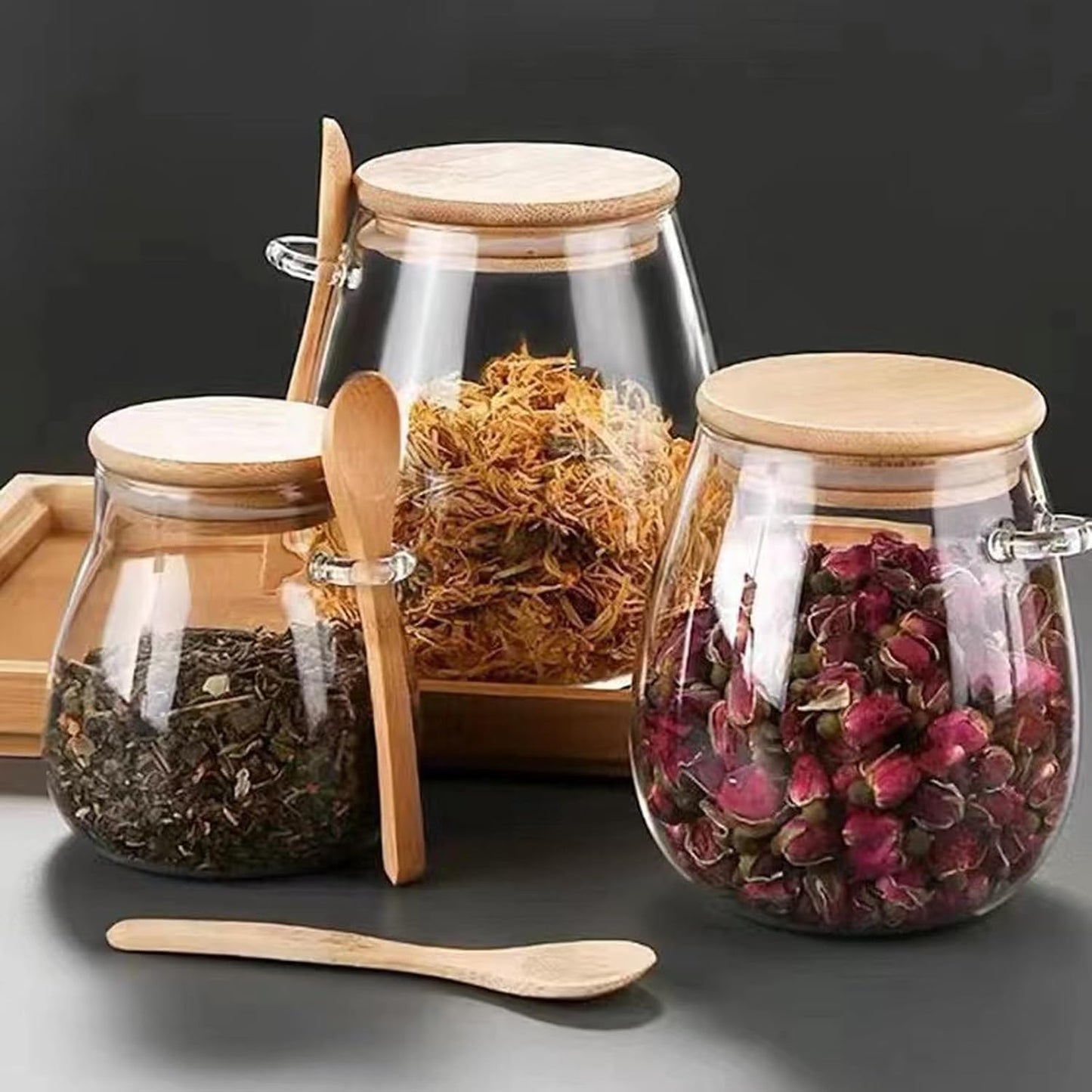 Airtight glass jar storage container with bamboo lid Set of 2, wide mouth, leak-proof, With a spoon, can be used for coffee beans, tea leaves, grains, dried fruits, etc (Large*2PCS)
