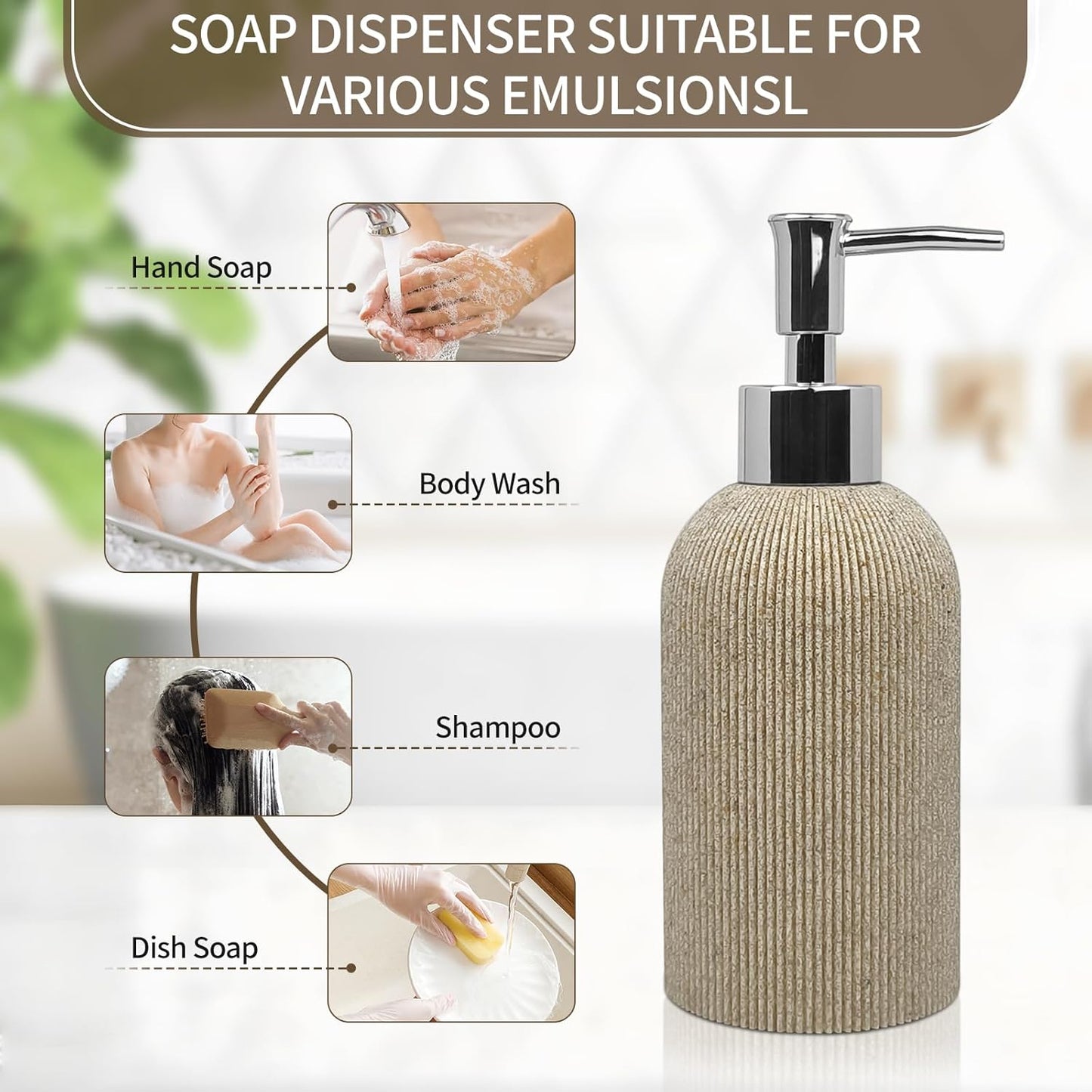Hand Soap Dispenser for Bathroom and Kitchen Countertop, 10 oz Resin Soap and Lotion Dispensers Set with Plastic Rust Proof Pump, Boho Refillable Liquid Dish Soap Dispensers Bottle,Beige
