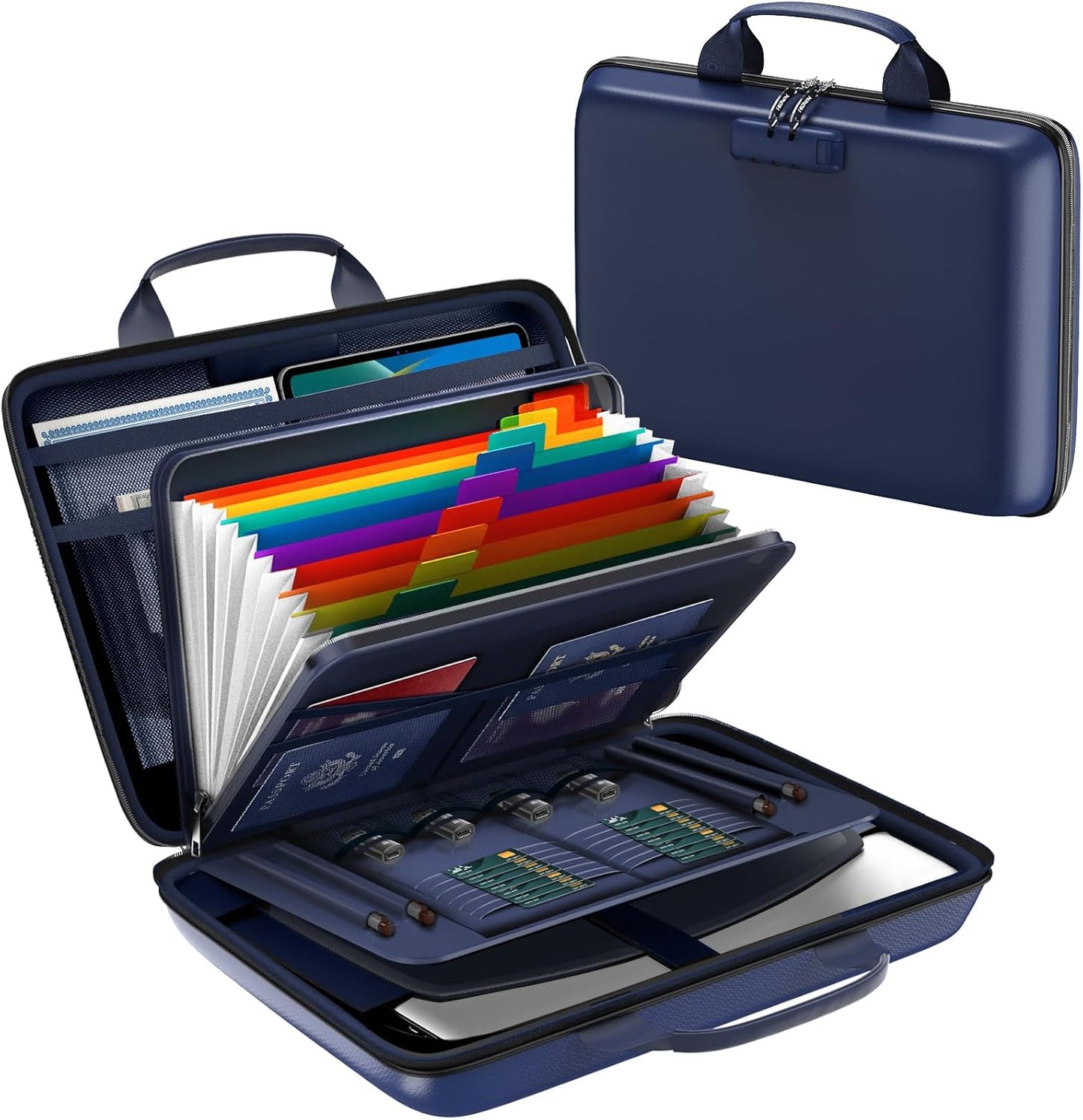 Fireproof Document Box, Hard Case Fireproof File Organizer Box with Lock and 13 Pocket Accordion File Folder, Portable Safe Box for Home Office Travel to Storage Important Documents Laptop Blue