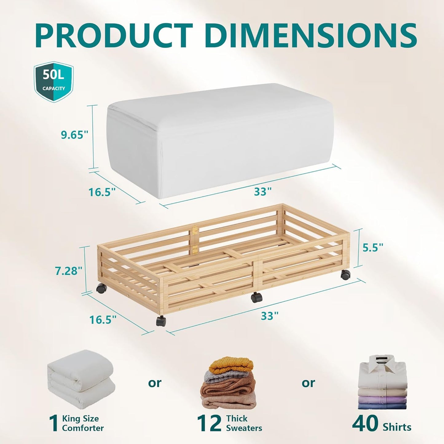 Bamboo Under Bed Storage Containers- Underbed Organizer with Wheels with Large Capacity Dust Bag,Sturdy Wood Rolling Under Bed Shoe Storage Organizer 2 Packs (Nature, 2 Packs (33.07"×16.54"))