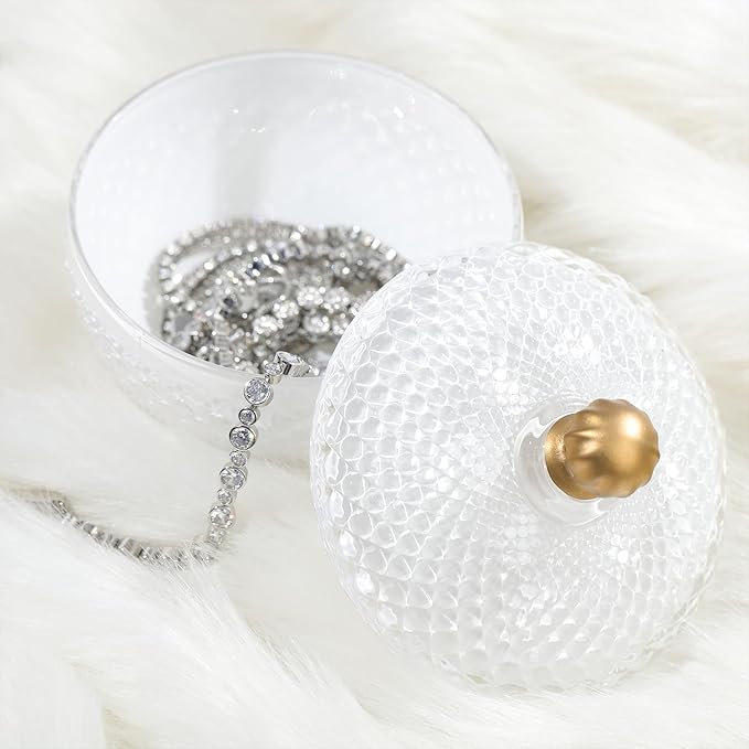 Joeyan 12 oz Small White Glass Jars with Lid,Embossed Glass Candy Dishes,Diamond Faceted Food Container,Decorative Jewelry Box Apothecary Canisters,Colored Kitchen Bathroom Buffet Storage Organizer