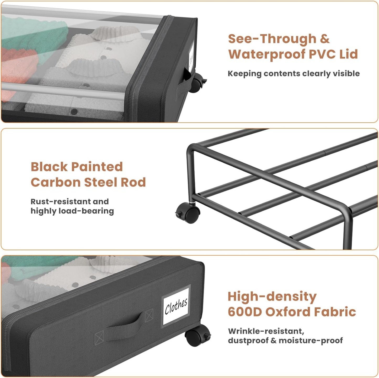 Under Bed Storage Containers with Clear Lid, Large Under Bed Storage with Wheels,6.22"H Under Bed Containers Rolling Under Bed Cart, Fabric & Metal Frame Under Bed Drawer for Clothes ;Black, 2 Pack