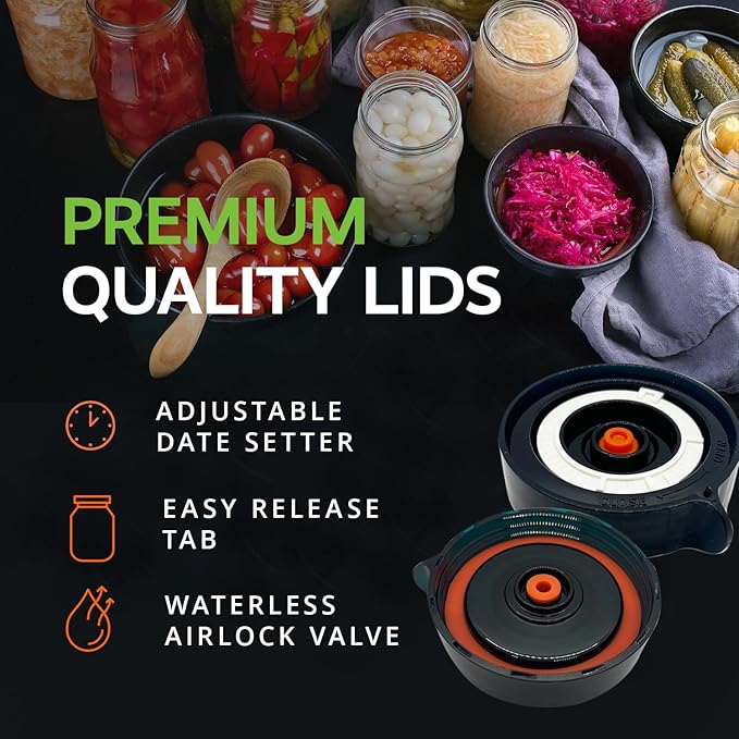 Fermentation Kit, Includes 3 Fermenting Lids for Wide Mouth Mason Jars & Oxygen Extractor Pump, Mason Jar Airlock Lid For Fermenting Kimchi, Pickle, & Sauerkraut