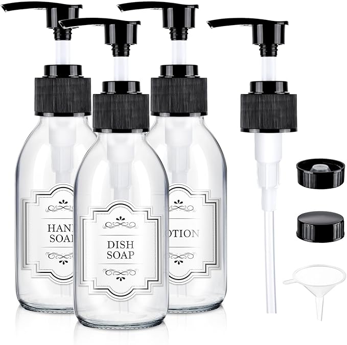 Glass Pump Bottle Dispenser 4 oz, 3 Pack, Black Caps, Labels - Glass Bottles with 1 Extra Pump Tops