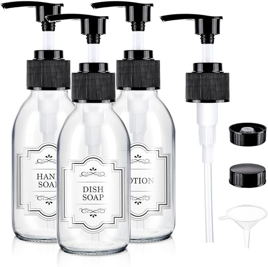 Glass Pump Bottle Dispenser 4 oz, 3 Pack, Black Caps, Labels - Glass Bottles with 1 Extra Pump Tops