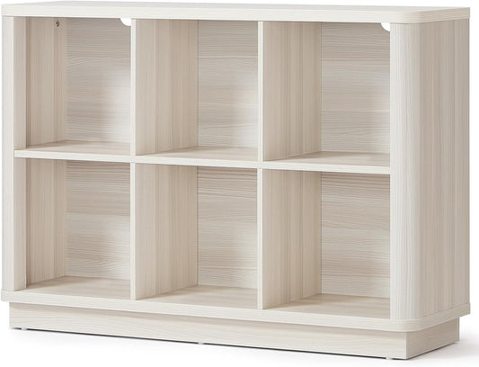 6 Cube Bookcase, 40" Wide Low Horizontal Book Shelf w/Curved Edge, Wood Floor Standing 2-Tier Bookshelf with Base, Modern Short Storage Cabinet Book Case for Bedroom, Office, White Cream Oak