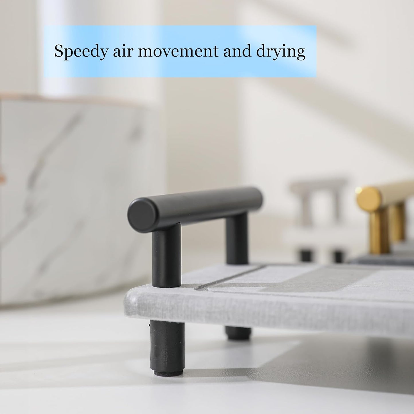 2PCS Water Absorbing Stone Tray, Instant Dry Sink Caddy, Stone Drying Tray with Black Handle, Deco for Bathroom Sink, Bathroom Small Caddy (Dark Grey & Black Handle, Small)