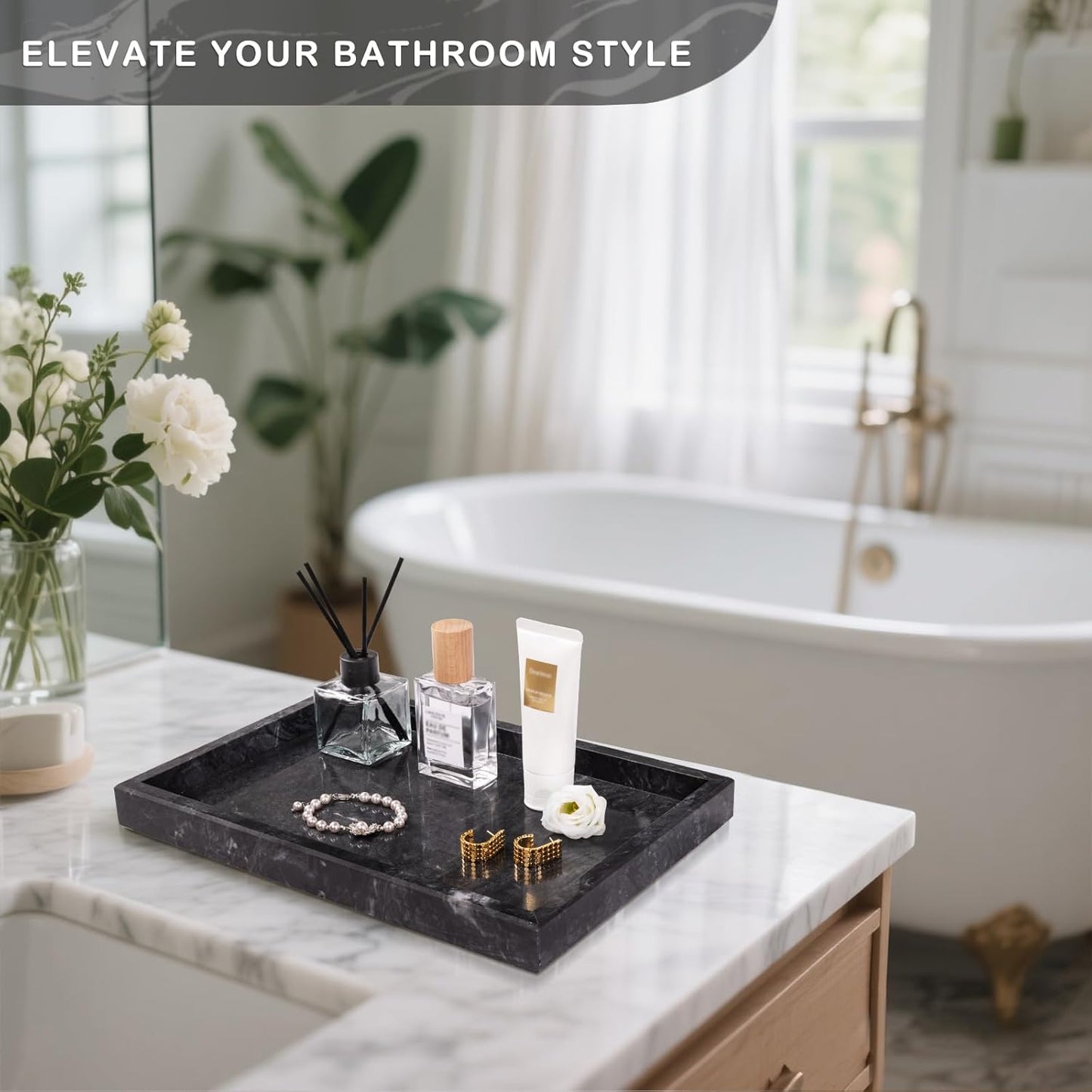 Marble Bathroom Tray for Countertop & Home Decor, Natural Decorative Marble Tray for Jewelry & Perfume Organizer, Luxury Stone Vanity Trays for Dresser, Kitchen Counter, 12" x 8", Gray Black