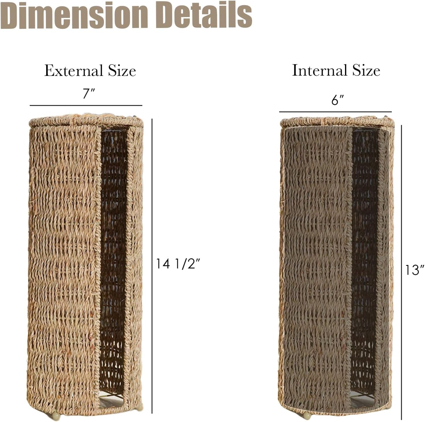 PINXIURY Seagrass Toilet Paper Holder with Storage, 3 Rolls of Wicker Toilet Paper Holder for Bathroom and Under Sink, Handmade Woven Toilet Paper Rolls Holder Stand