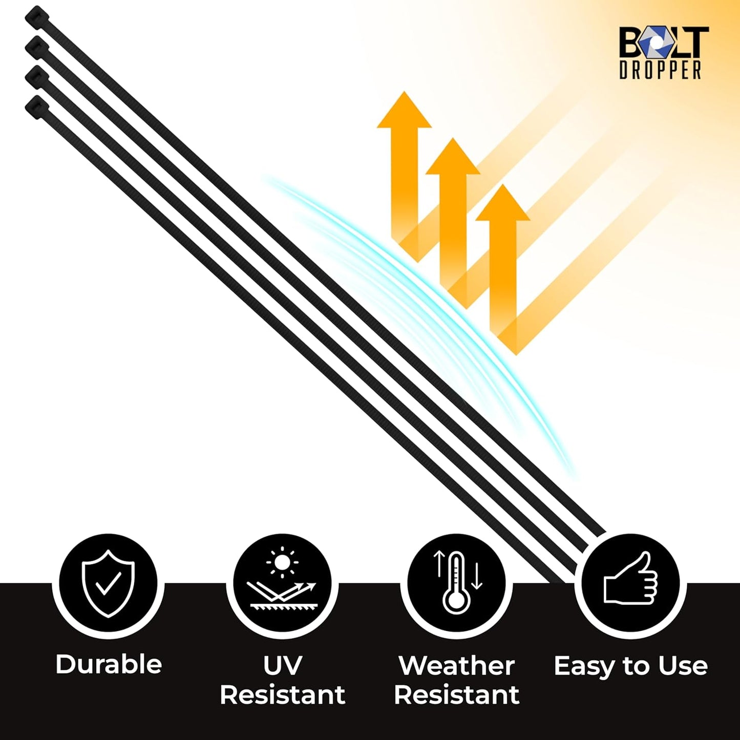 Bolt Dropper 1000-Piece Set of 8 Inch Black Zip Ties Heavy Duty - Self-Locking, UV-Resistant Nylon Cable Ties for Indoor and Outdoor Use, Ideal for Organizing, Securing, and Bundling Wires and Cables