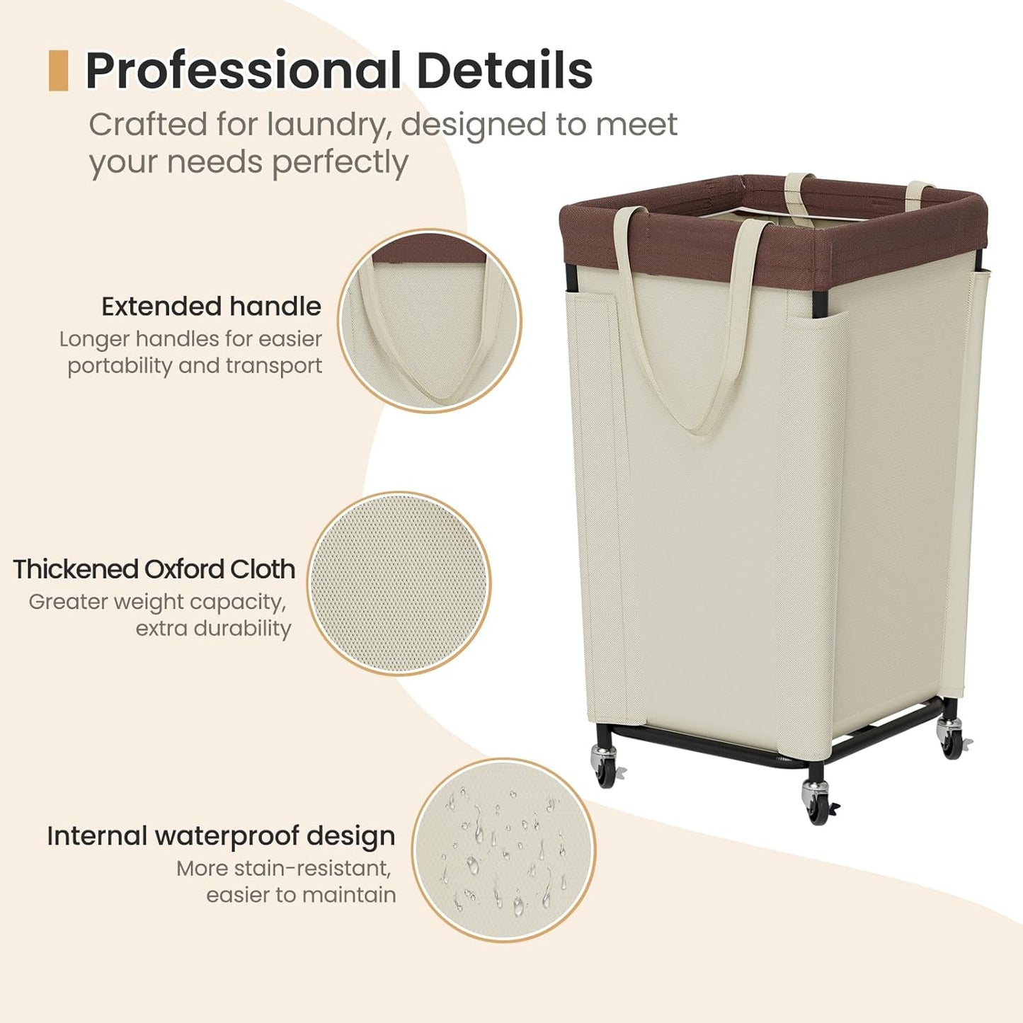 Laundry Basket with Wheels, Laundry Hamper with Removable Bag and Steel Frame, 160L Rolling Dirty Clothes Basket for Bedroom, Bathroom, Laundry Room (White-Brown)