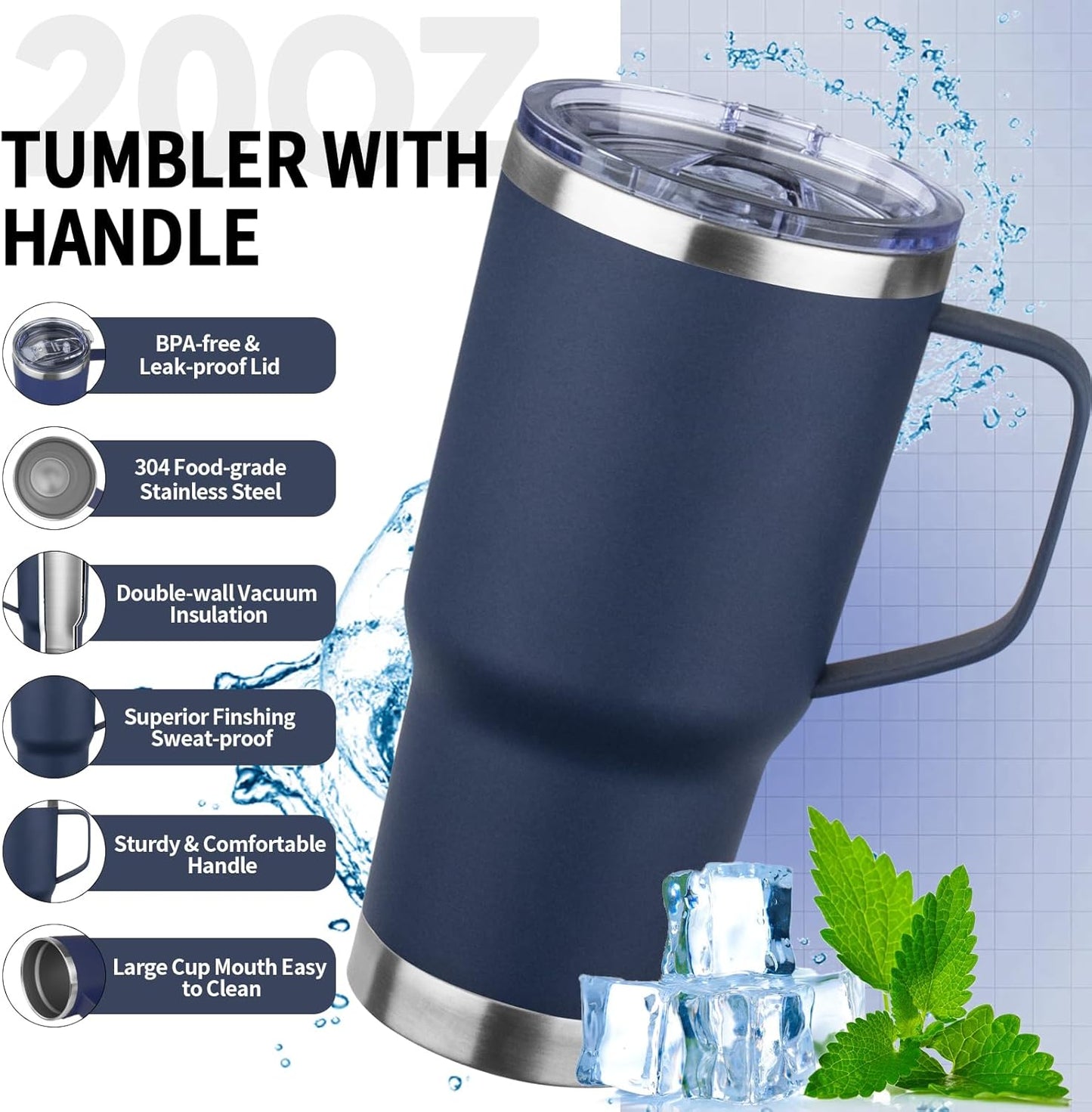 20oz Insulated Tumbler with Handle Stainless Steel Travel Coffee Mug with Lid and Straw Double Wall Vacuum Leak-proof Reusable Thermal Water Cup for Hot and Cold Drinks (Multicolor-8,6 Pack)