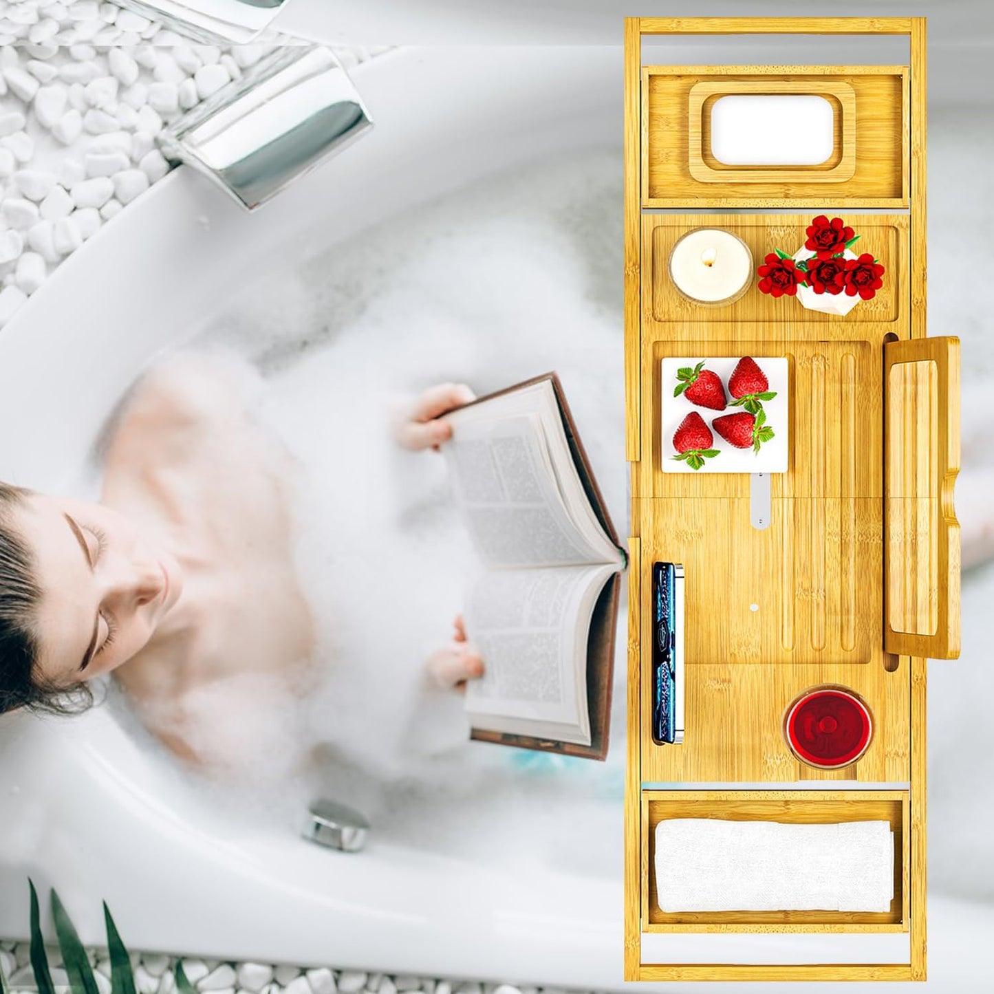 Premium Bathtub Tray Caddy with Makeup Mirror Bamboo - Bath Tray Expandable- Unique House Warming Gifts, New Home, Anniversary & Wedding Gifts for Couple, Bridal Shower Gift for Wome