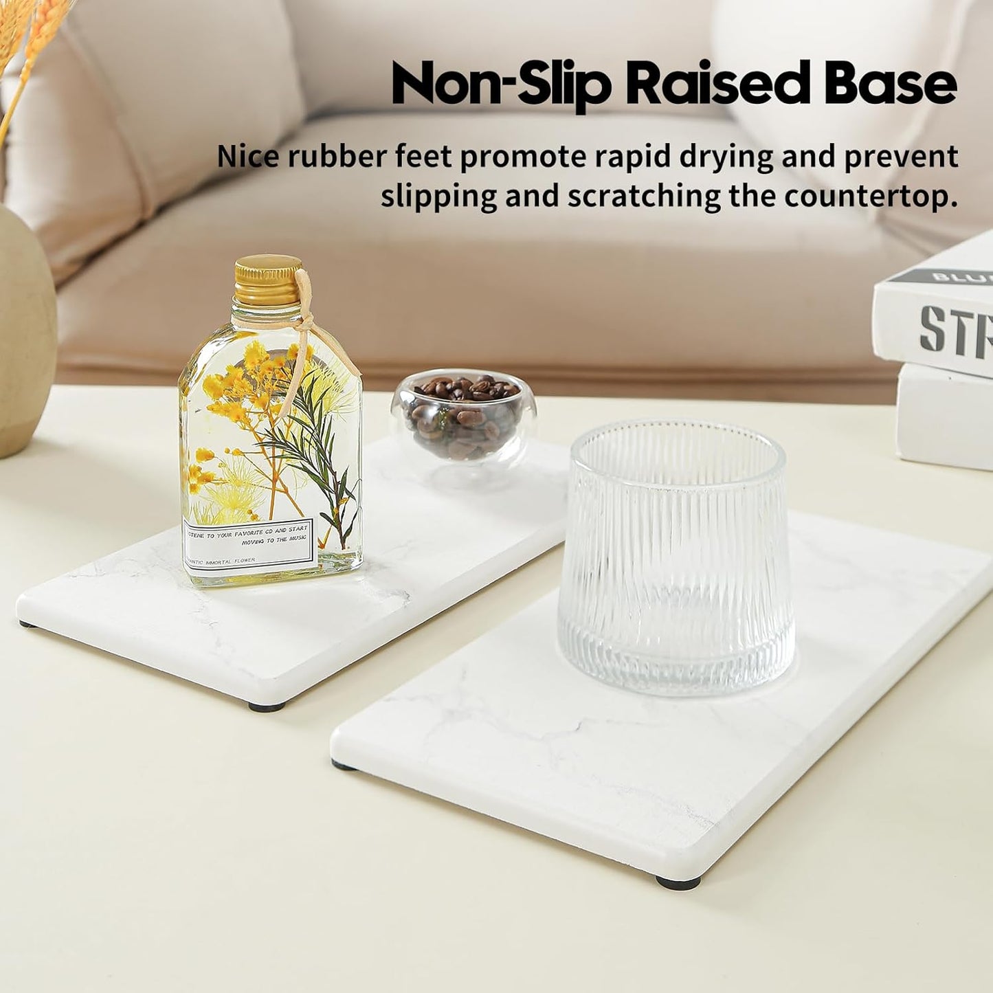 2PCS 10"x 5" Large Bathroom Sink Vanity Trays, Water Absorbing Diatomite Stone Quick Drying Mat for Kitchen Counter, Dish Rack Dispensers Sponge Holder Caddy Organizer, Marble White, 10"x 5"