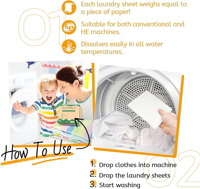 Laundry Detergent Sheets Up to 160 Loads, Amber Dusk - Great For Travel,Apartments, Dorms,CLEARALIF Laundry Detergent Strips Eco Friendly & Hypoallergenic - 80 Sheets