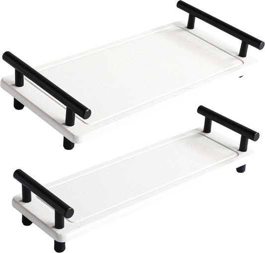 2Pcs Instant Dry Sink Caddy, Water Absorbent Diatomite Tray for Sink, Stone Drying Tray with Metal Handle, Keeping Kitchen and Bathroom Tidy and Clean (White & Black Handle, Large & Small)