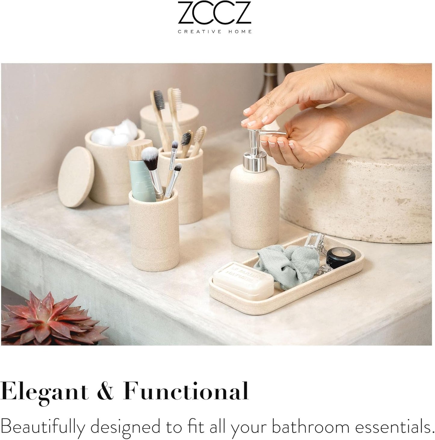 ZCCZ Beige Bathroom Accessories Set 6 Pieces - Toothbrush Holder, Lotion Dispenser, Qtip Container, Vanity Tray, Tumbler - Countertop Organizer for Bathrooms - Elegant and Functional Décor Set