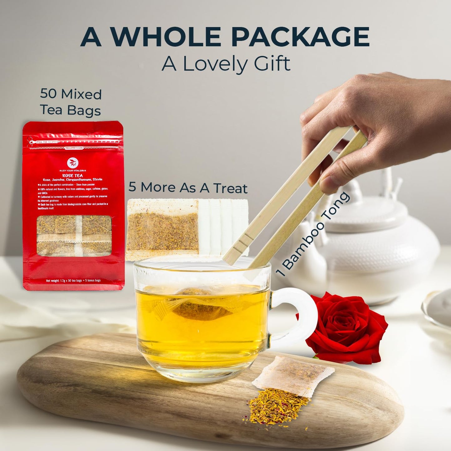 Rose Tea, Re-Steep Chrysanthemum, Jasmine & Stevia Herbal Tea - 55 Count (+5 Tea Bags) Bamboo Tong Included - 4.37 oz, Relax,Support, Up Mood, Appearance Detox