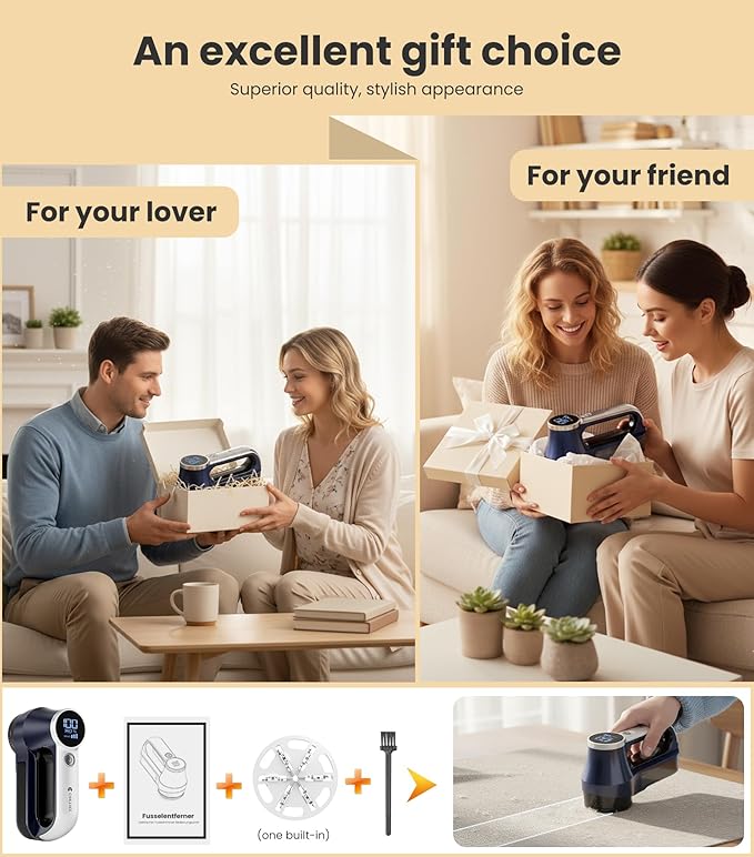 Rechargeable Fabric Shaver | 3-Speed Electric Lint Remover | 6 Blades High Eliminates Fuzz & Pilling | with LED Display & Type-C Fast Charging Port | Lint Shaver for Clothes & Furniture - Navy Blue