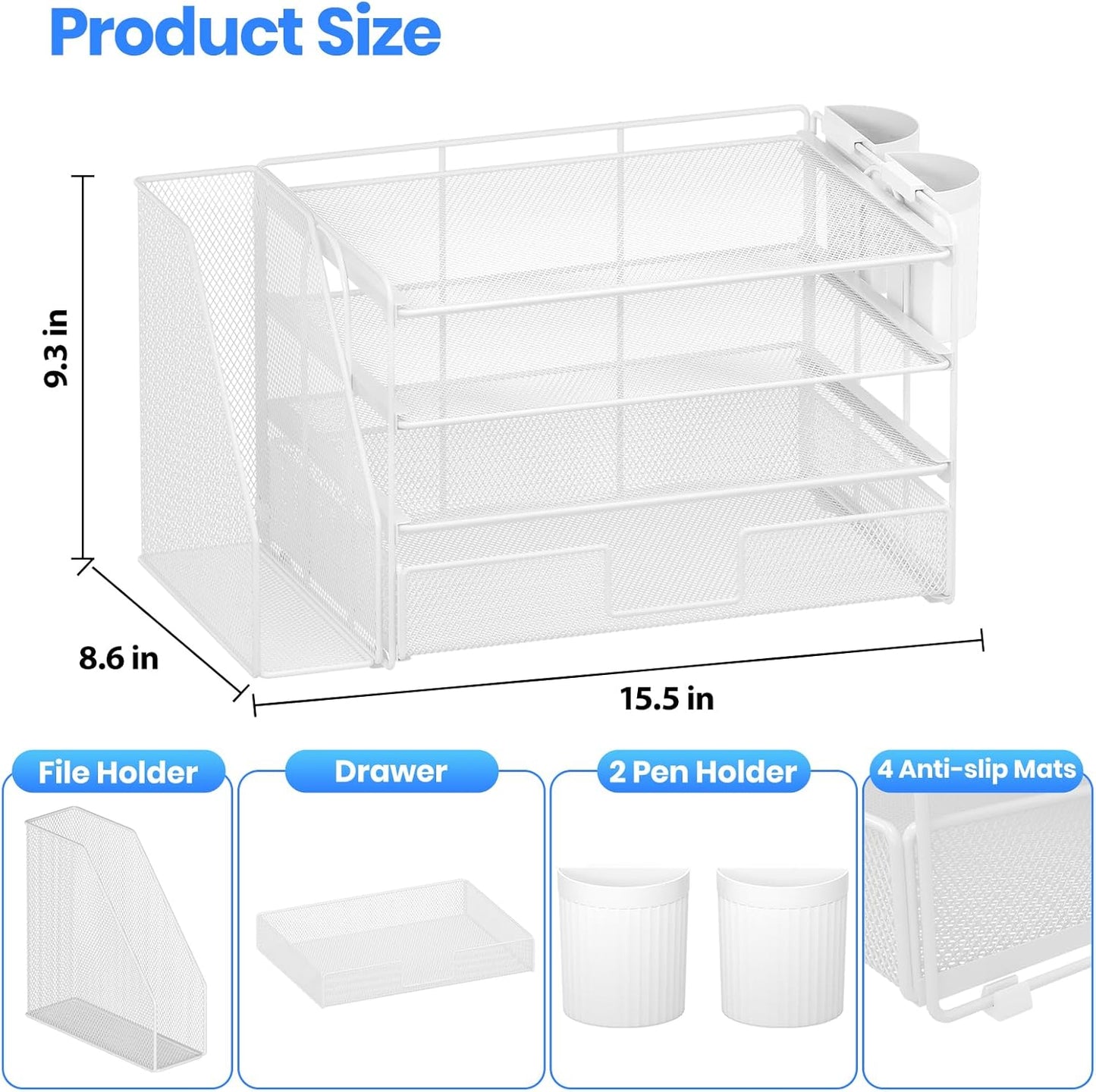 Desk Organizer and Accessories, 4-Tier Desktop File Organizer with Drawer and 2 Pen Holders, Office Desk Accessories, File Sorters, Workspace Organizers for Office Supplies(White)
