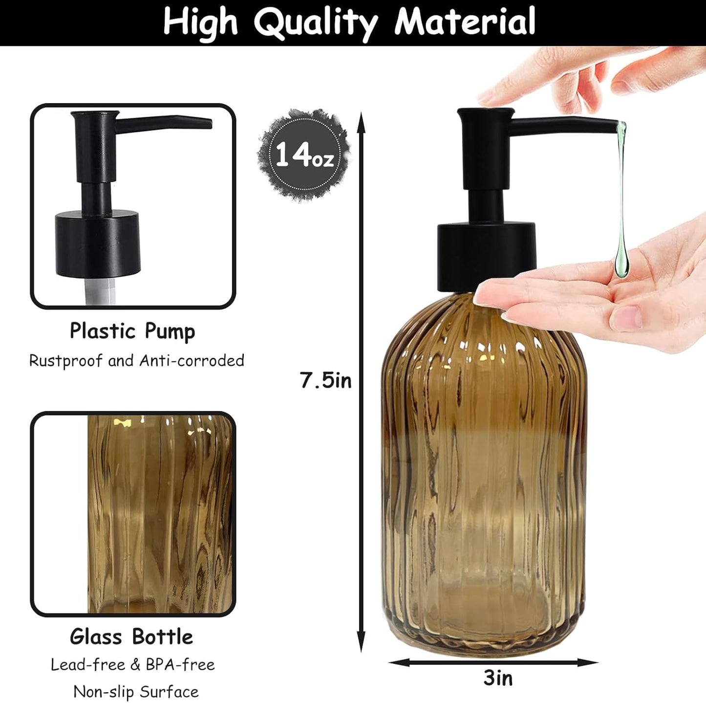 Brown Glass Soap Dispenser Set with Black Pump, 13.5oz Refillable Liquid Hand Dispenser, Vertical Stripe Lotion Dish Soap Dispenser for Modern Home Decor, Bathroom, Kitchen Countertop, Hotel(2 Pack)