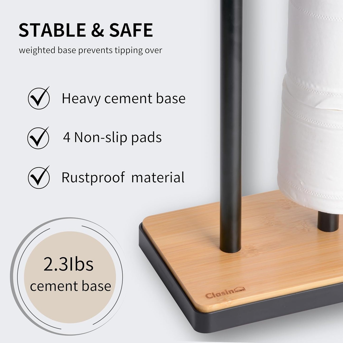 Toilet Paper Holder Stand, Free Standing Toilet Paper Holder with Storage and Top Shelf, Black Toilet Paper Stand Weighted Base with Bamboo Design for Bathroom