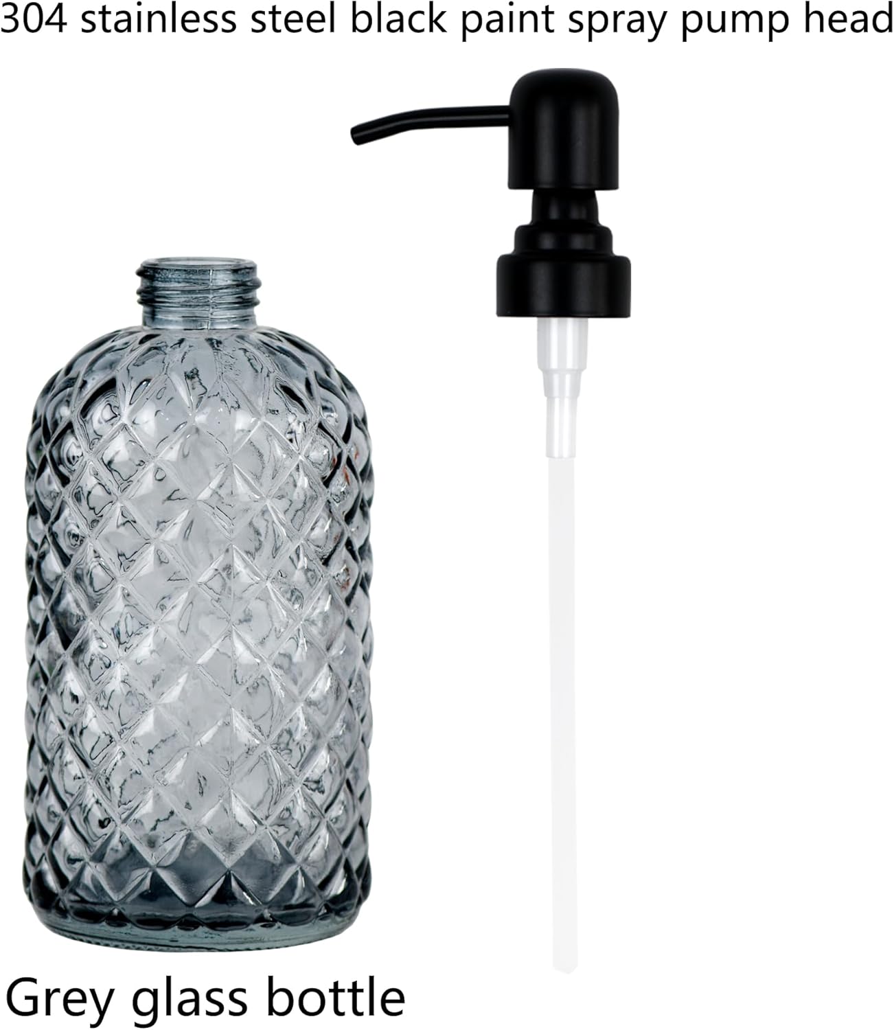 12Oz Glass Soap Dispenser with 304 Black Rustproof Stainless-Steel Pump, Refillable Glass Soap Dispenser for Kitchen, Bathroom, Farmhouse (Grey-2pack& Tray)