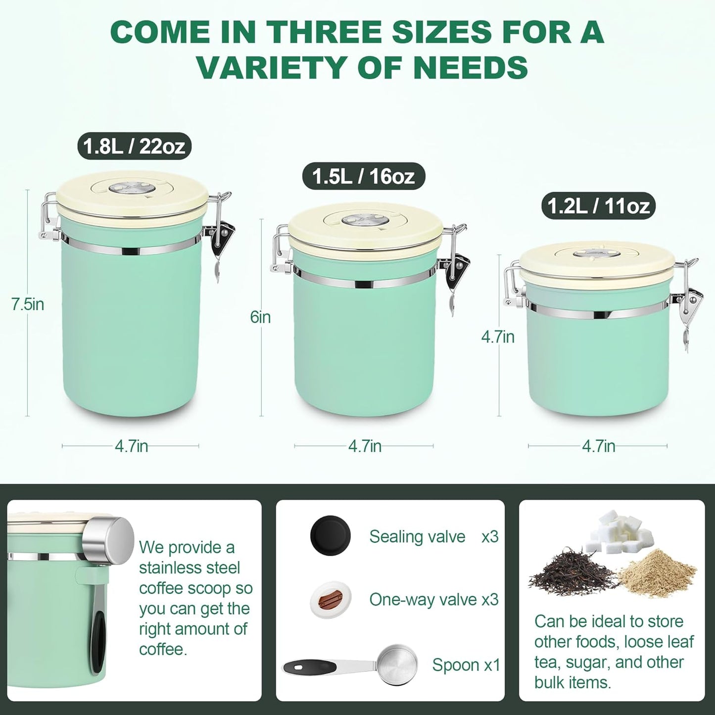 ShanSon Coffee Canister Airtight Coffee Container Stainless Steel Coffee Bean Storage Container with Scoop Coffee Canister for Beans Grounds Sugar Flour Tea Cereal,16OZ,Green