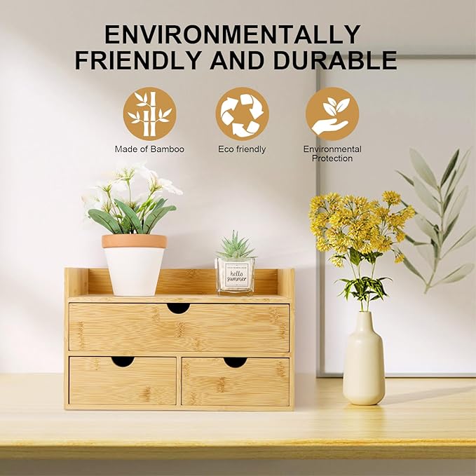 Bamboo Desk Organizer 3 Drawer with Shelf, Countertop Organizer with Drawers Makeup Storage Drawer 3 Drawers Tabletop Storage Organization Box Home Office Workspace