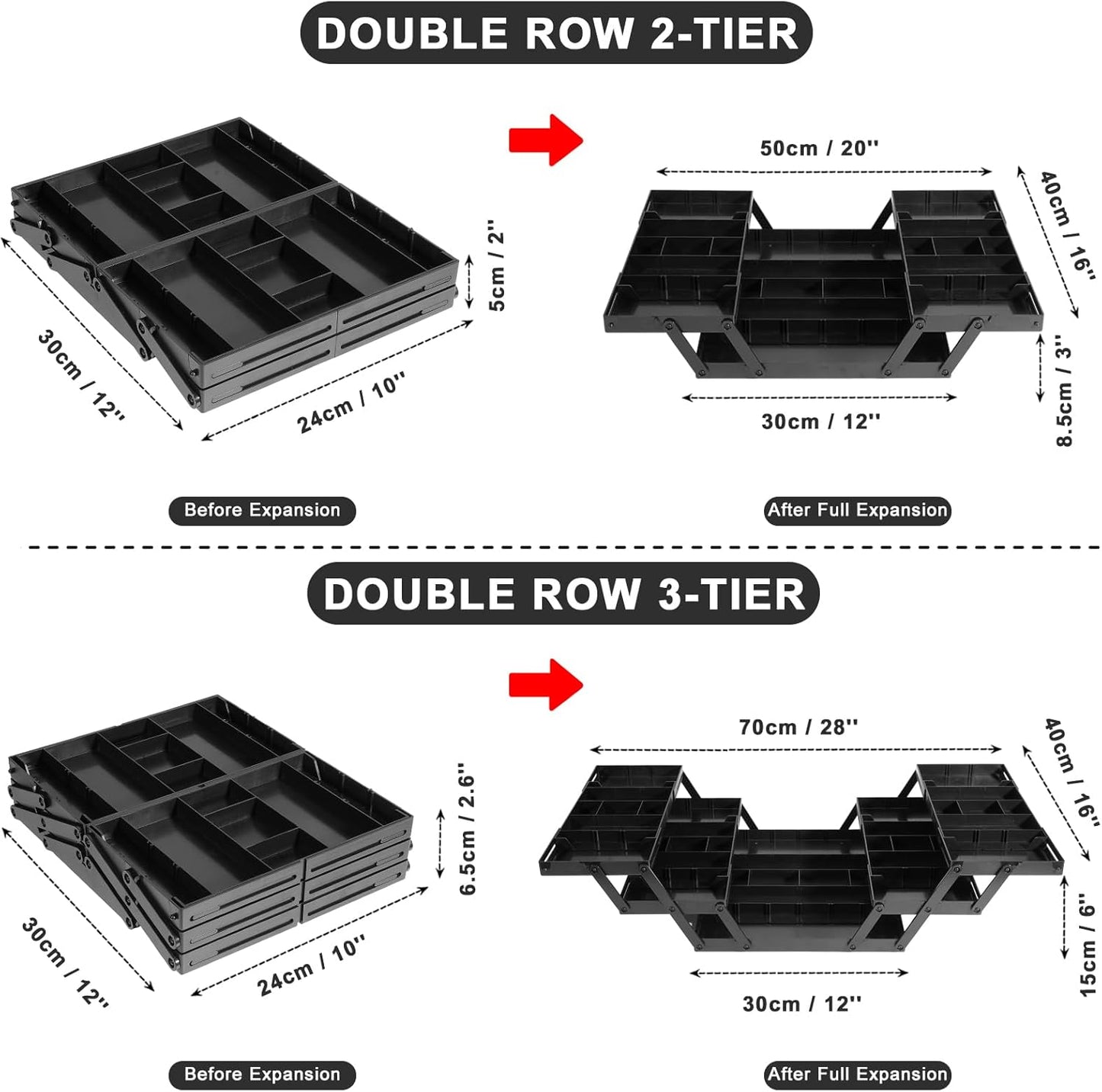 Aobiono Multi Level Smart Drawer Organizer, Multi Tier Expandable Storage Collapsible Foldable Trays for Jewelry, Cosmetics, Makeup, Tools, Battery (Black, Double Row - 3 Levels)
