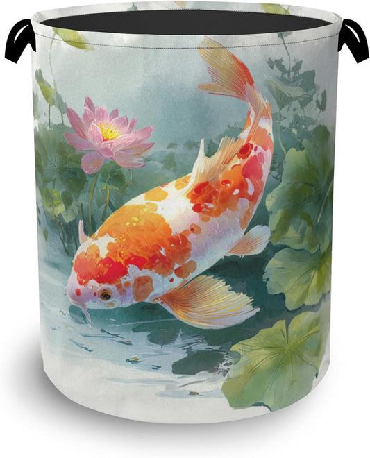Goldfish Laundry Basket,Lotus Foldable Oxford Cloth Tote Bag Laundry Hamper Clothes Storage Bucket Organizer for Bedroom Laundry Storage Dormitories 16" x 20.8"