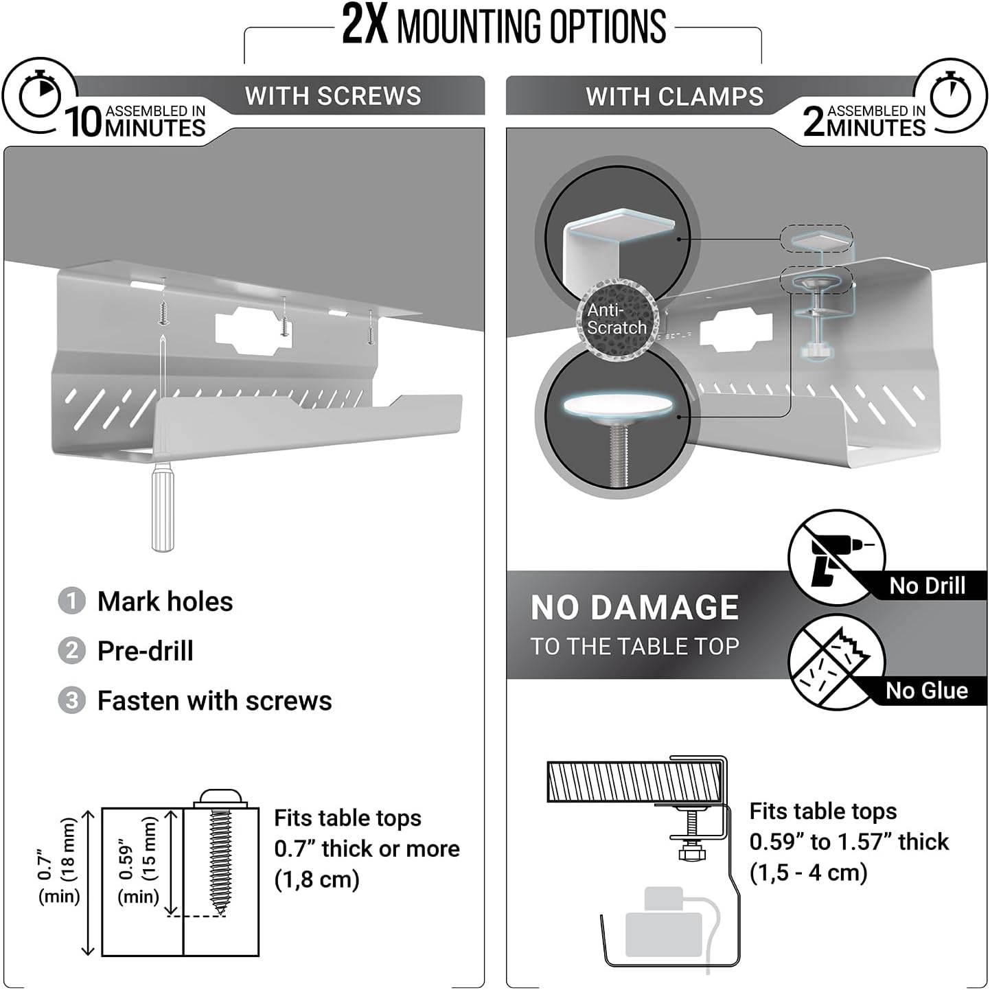 Under Desk Cable Management Tray no Drill – Wire Management - Cord Organizer – Huge Load Capacity – Under Desk Cable Tray no Drill (White, 2 Pieces Set)