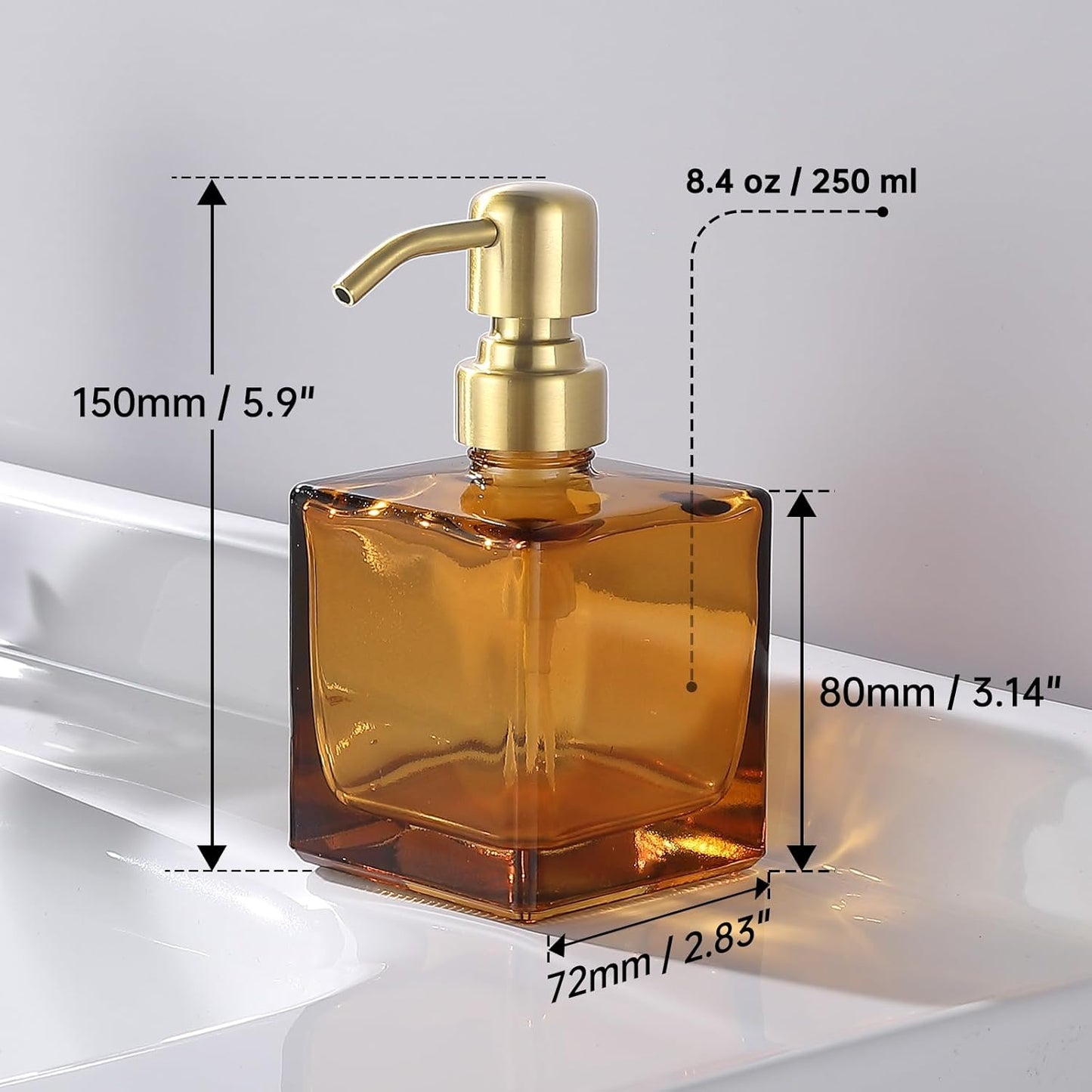 Square Bathroom Soap Dispenser Amber Bottle with Brushed Gold Pump, Retangle Cube 8.4 oz Glass Bottles with Stainless Steel Pump Hand Liquid Soap Dispenser Kitchen