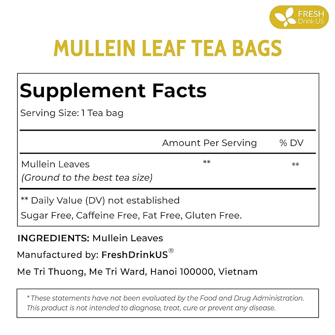 FreshDrinkUS, Premium 80 Mullein Leaf Tea Bags – 100% Natural, Pure, & Caffeine-Free Herbal Tea for Lung – Loose Leaf, No Sugar, Vegan, Gluten-Free, Made with Natural Material Tea Bags