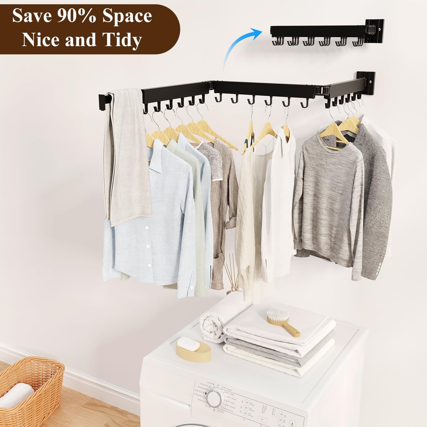 SVELTHOME Clothes Drying Rack Wall Mounted, Foldable Laundry Drying Rack,Retractable Tri-Fold Space Saver for Laundry Room Bathroom (Black)