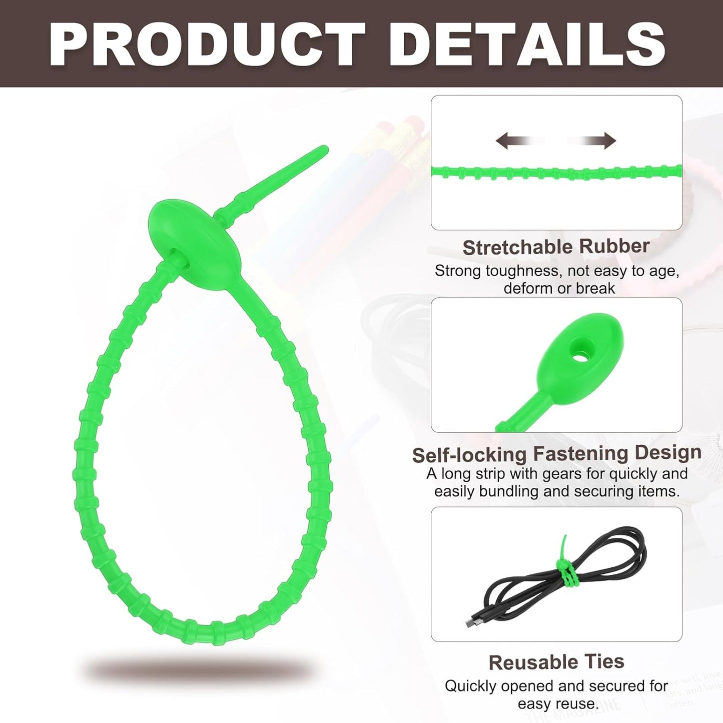 uxcell 20 Pcs Silicone Ties Bag Clip, 8.5 Inch Multi Purpose Silicone Zip Ties Reusable Rubber Zip Tie, Cable Strap Cord Organizer for Home Office Food Bag Wires Cables, Grass Green