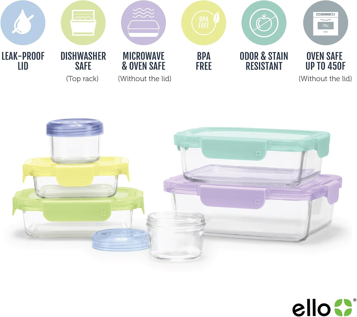 Ello Color Lock 12PC Mixed Glass Food Storage Sets, Leak-Proof Glass Food Storage Containers with Airtight BPA-Free Plastic Lids, Dishwasher, Microwave, and Freezer Safe, Purple Rain