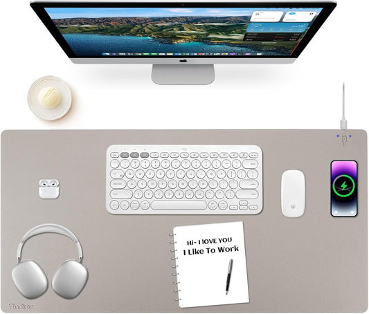 Wireless Charging Mouse Pad Firelison 2 in 1 Leather Multifunctional Office Desk Pad with Non-Slip Rubber Base, Waterproof Desk pad for Computers/Office/Work/Home/Decor（ 32" x 16"Grey - R）