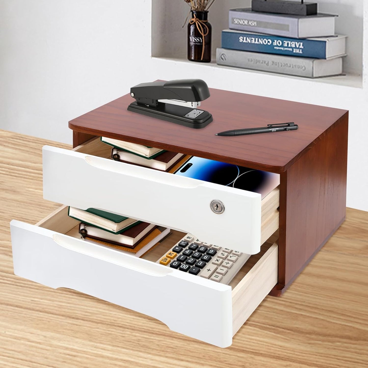 2-Tier Wooden Desktop Storage Box Desk Organizer with 2 Drawers and Lock Countertop Drawers Organizer for Office Supplies File Paper Cosmetic Jewelry, 15.4x11.8x8.5 in (Dark Brown and White)