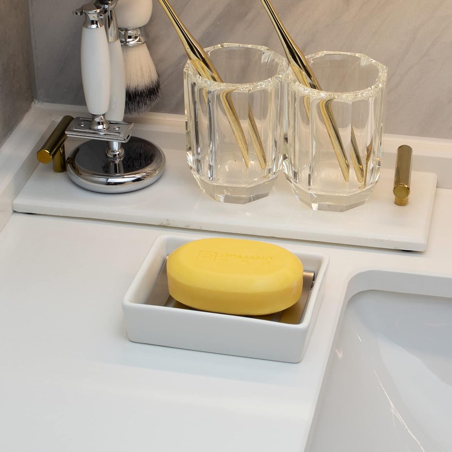 Soap Dish for Bar Soap, Bathroom Soap Holder for Shower, White Ceramic Soap Tray with Stainless Steel Draining Holder