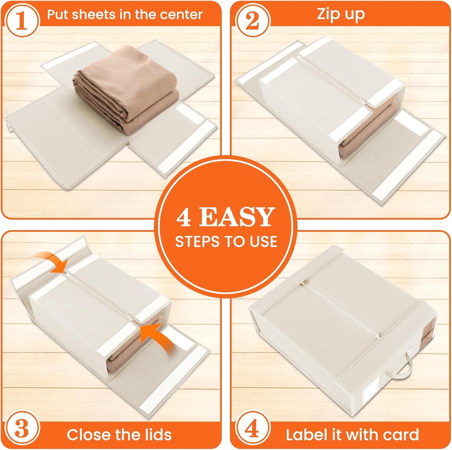 WOWBOX Sheet Organizers and Storage,Closet Bed Sheet Organizer Under Bed Storage and Organization with Label Cards & Clear Window for Bedding Sheets,Duvet Covers,Blankets (6 Pack，Beige)