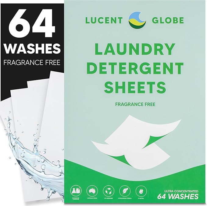 Lucent Globe Laundry Detergent Sheets. Pre-Measured Laundry Sheets. Powerful Stain Removal. Works in All Clothes Washers. (1 Pack - 64 Washes, Fragrance Free)