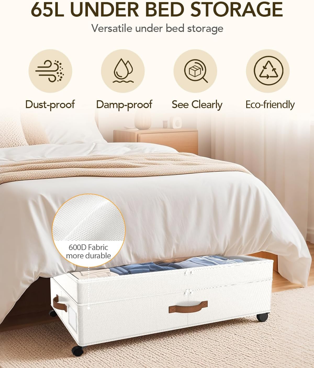 Under Bed Storage with Wheels, 10 inches Under the Bed Storage Containers Large, 65L XXL Adjustable Storage for Underbed with Lids, Rolling for Shoes, Clothes, Blankets, White