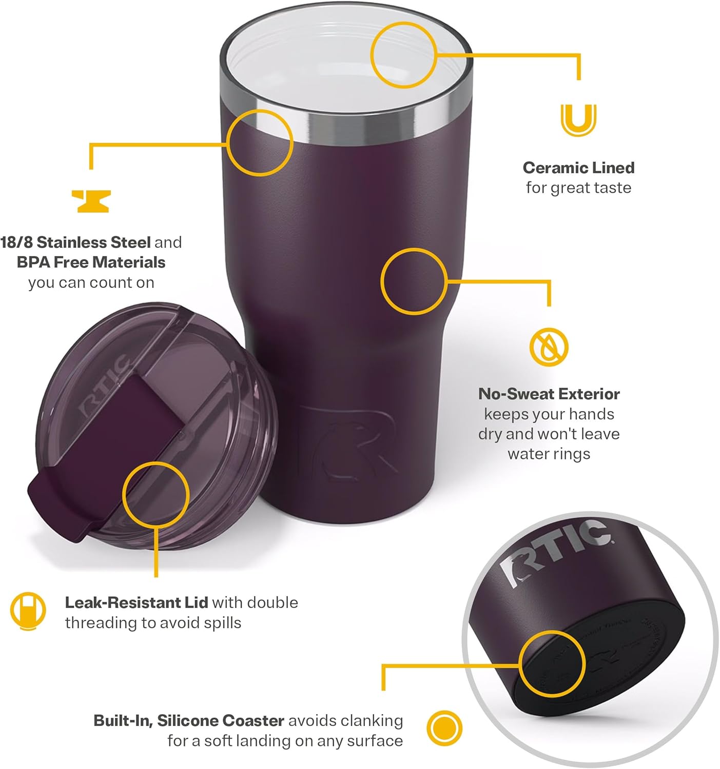 RTIC 20oz Essential Tumbler with Lid, Ceramic Lined, Insulated, Stainless Steel, Metal, Double Wall Vacuum-Insulation, Travel Cup for Iced Coffee, Tea, Hot and Cold Drink, Plum